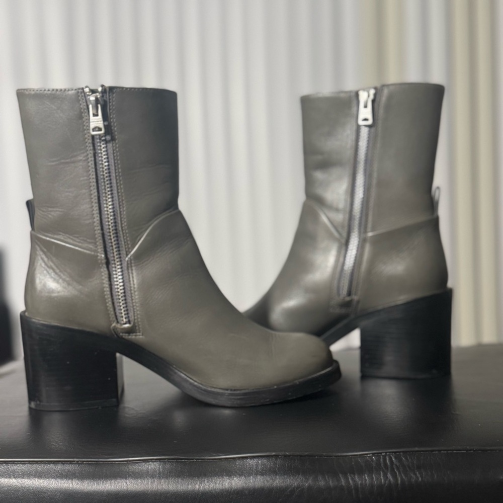 AllSaints Grey Leather Ankle Boots – Block Heel (Size 6)